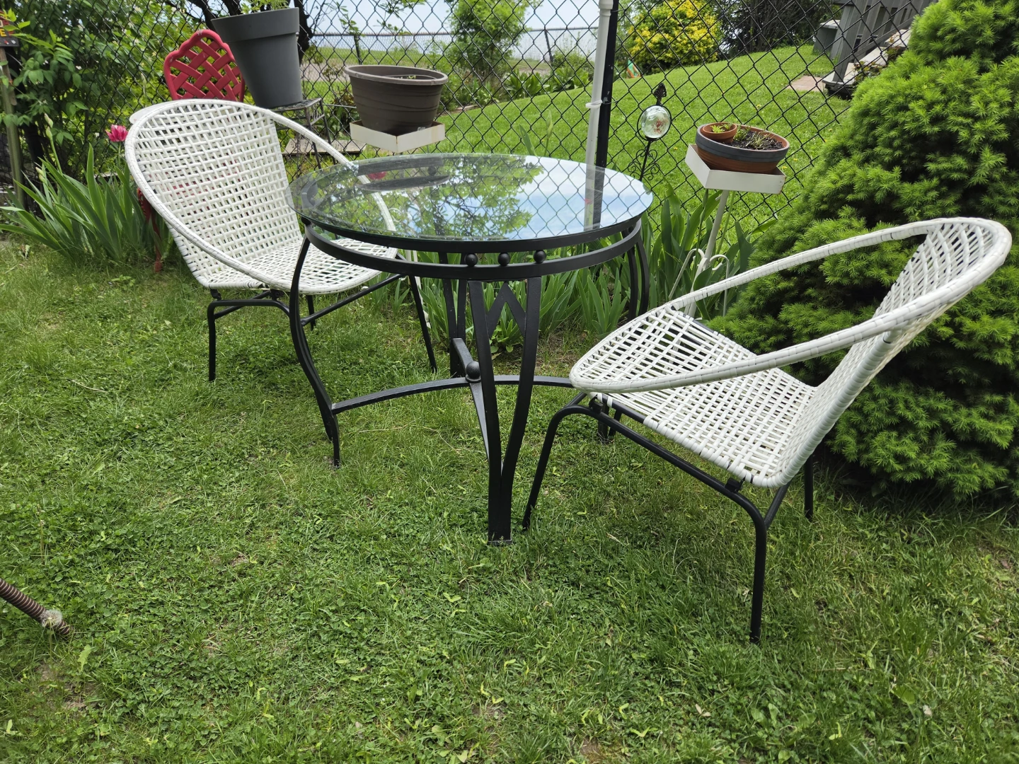 Round Glass Top Patio Table with 2 Wicker Chairs