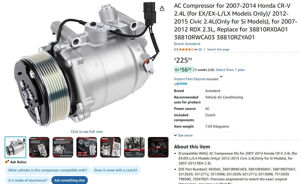 AC Compressor for Honda CR-V RDX - photo 2
