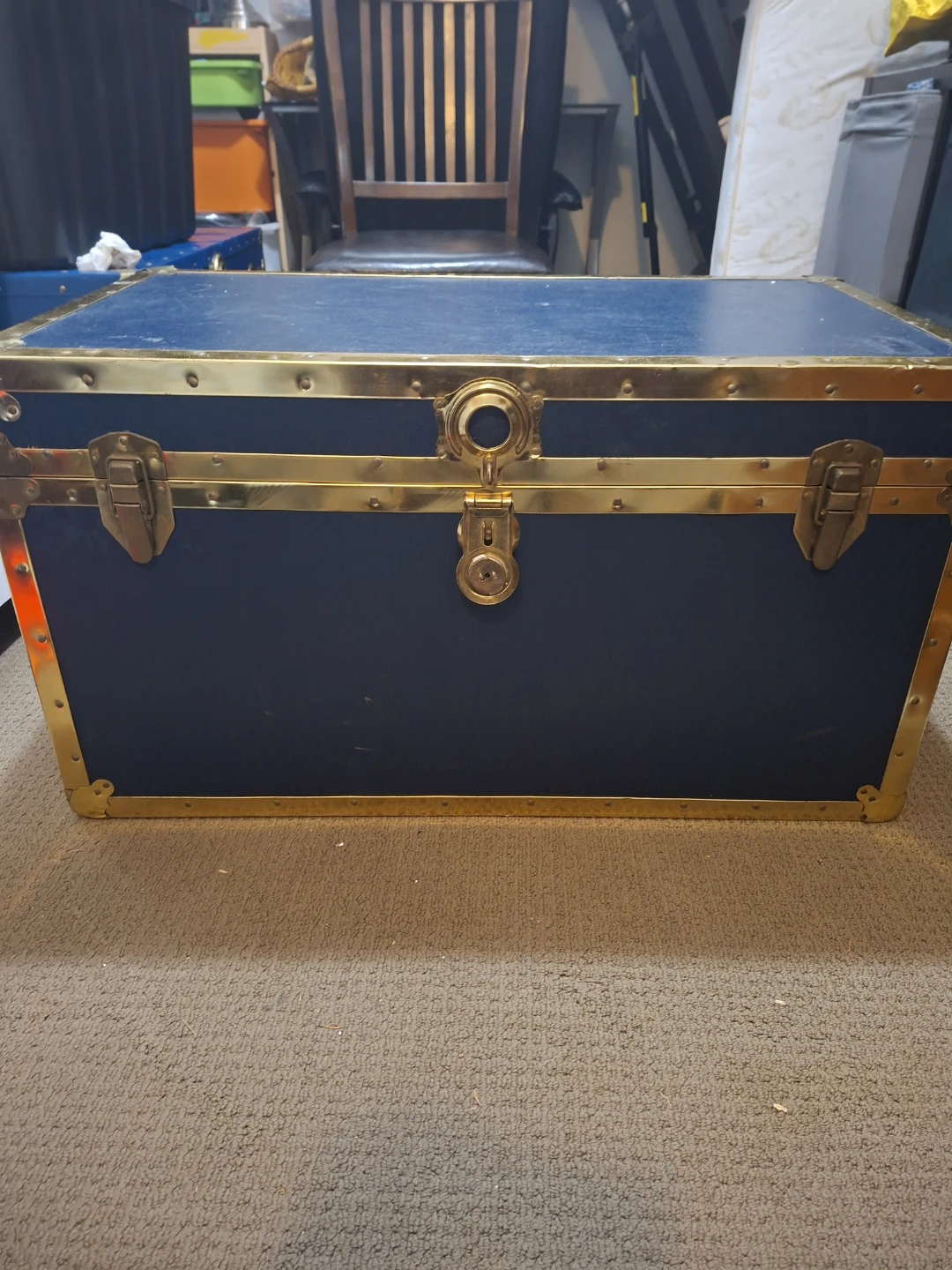 Vintage Blue Storage Trunk with Cedar Lining and Brass Accents