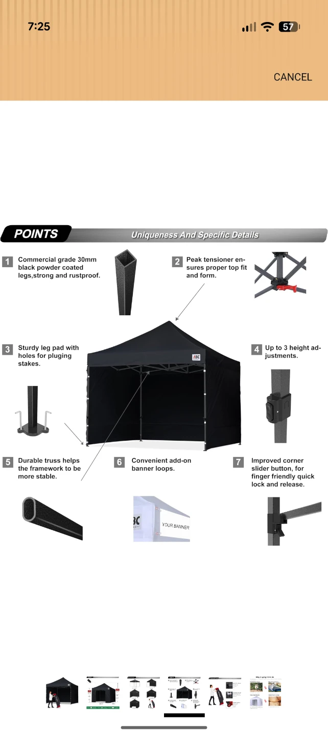 ABC Canopy 10x10ft Black Pop-Up Canopy with Walls and Roller Bag - photo 4