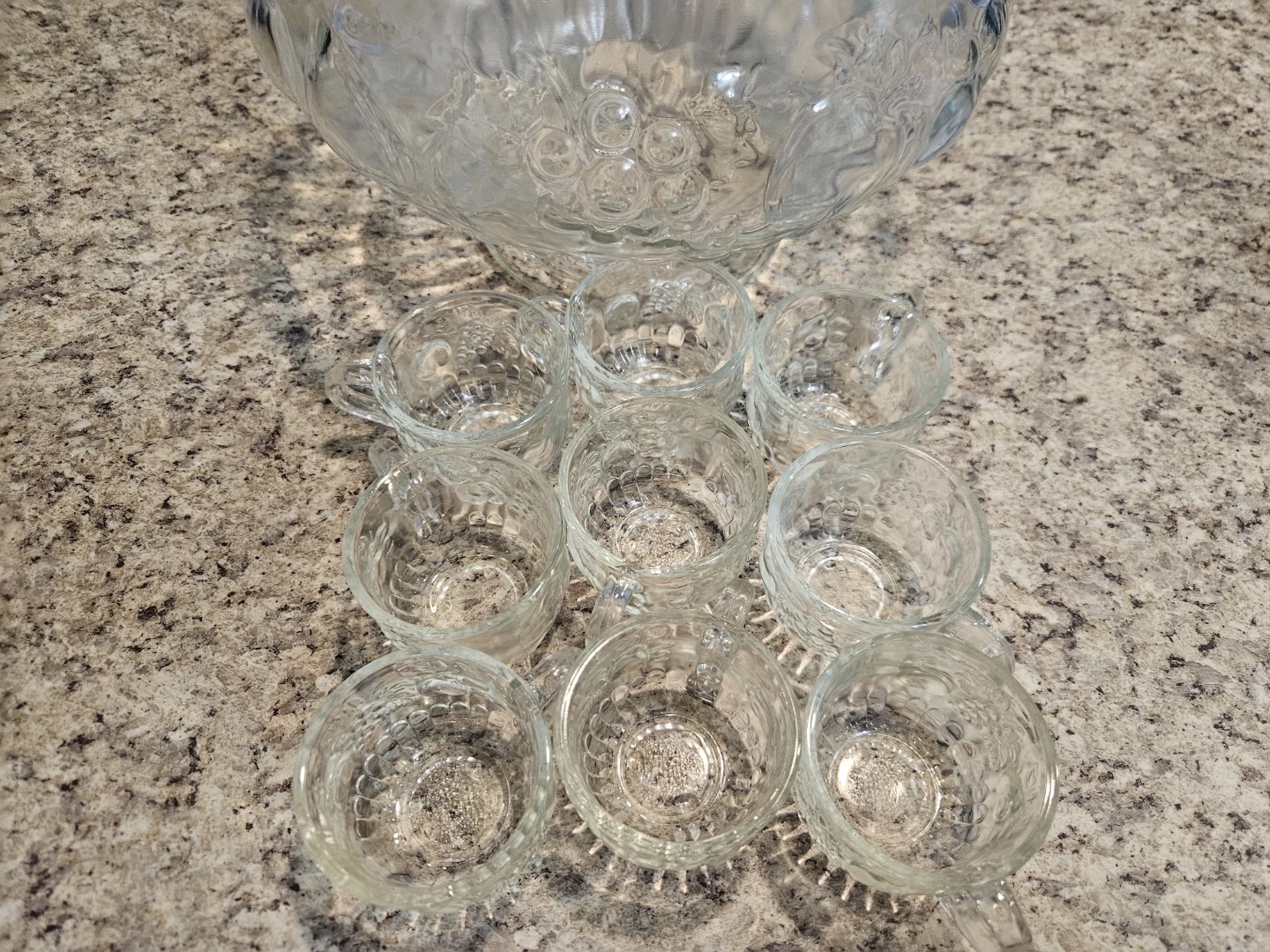 Vintage Glass Punch Bowl with 9 Cups