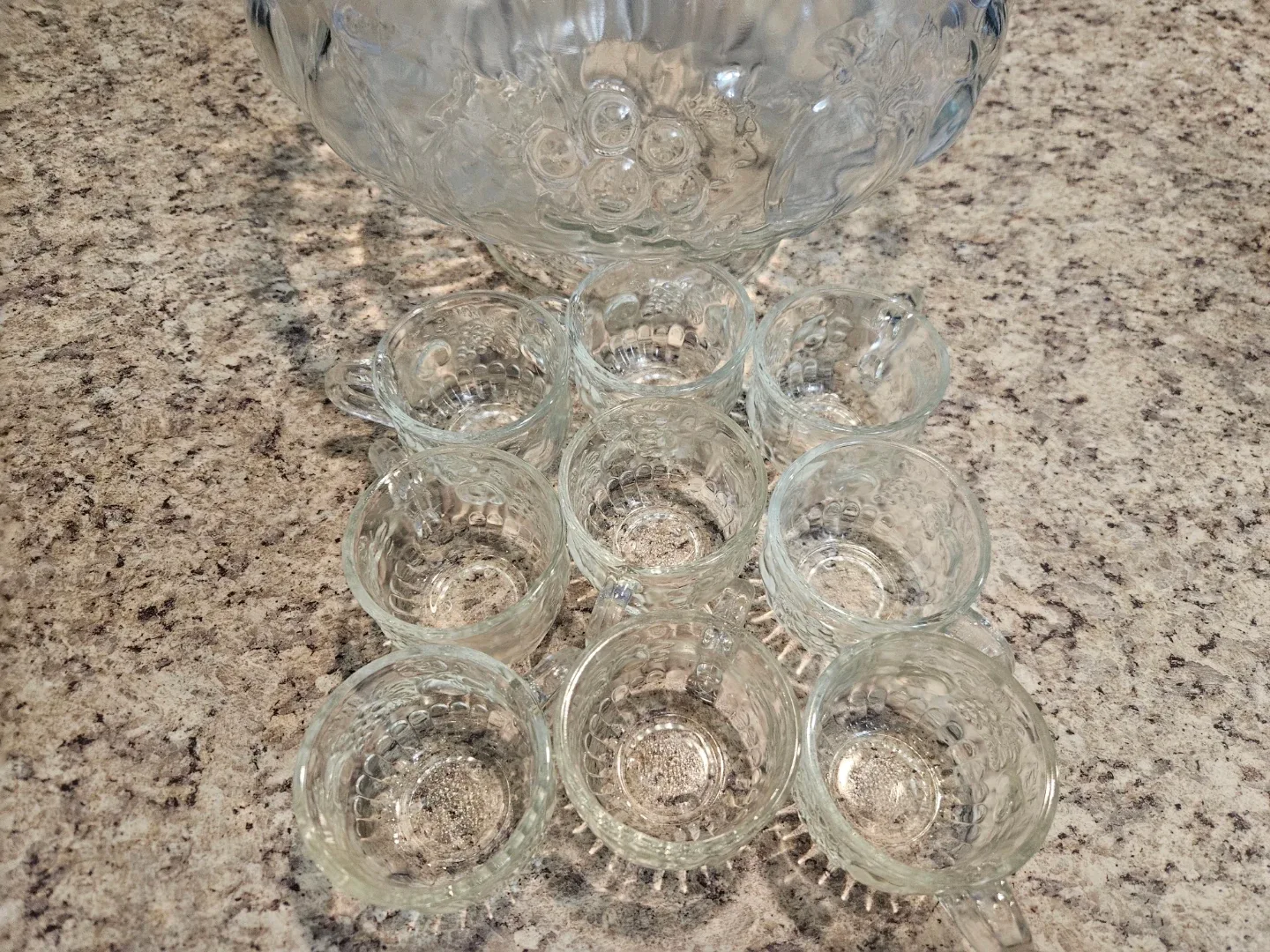 Vintage Glass Punch Bowl with 9 Cups