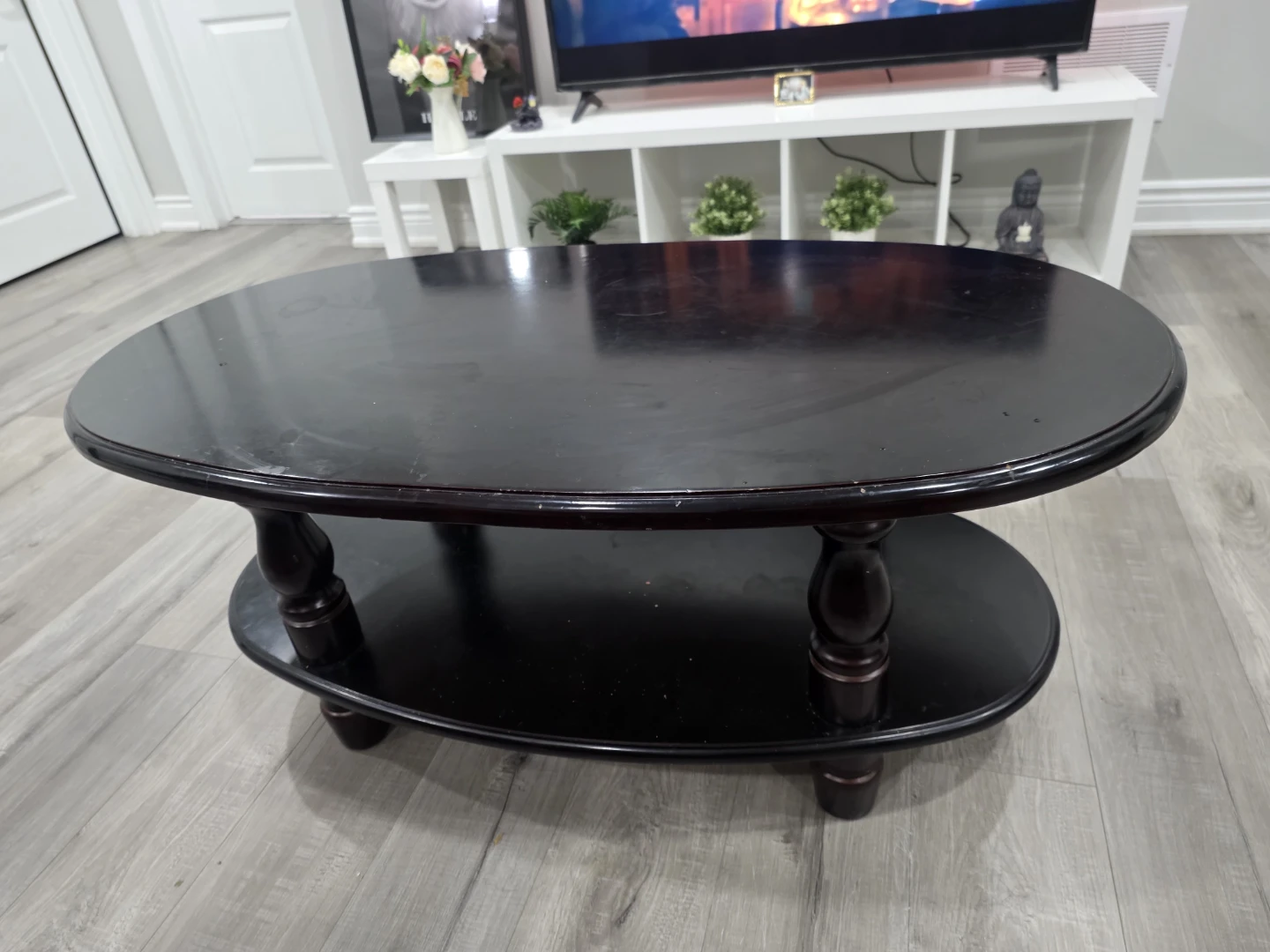Dark Wood Oval Coffee Table with Shelf - photo 2