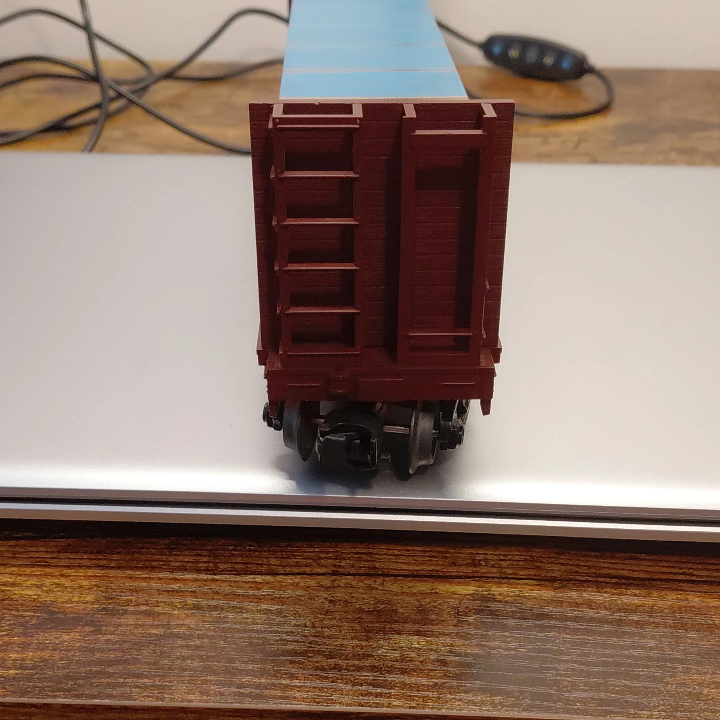 Model Train Flat Car with Blue Containers - PRR 469 808
