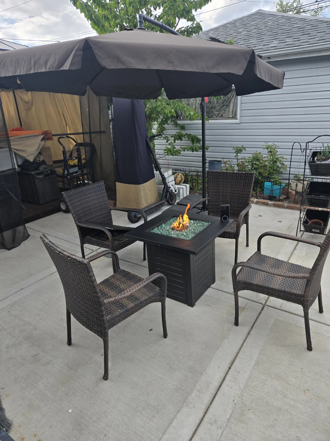 Patio Fire Pit Table with 4 Chairs and Umbrella - photo 3