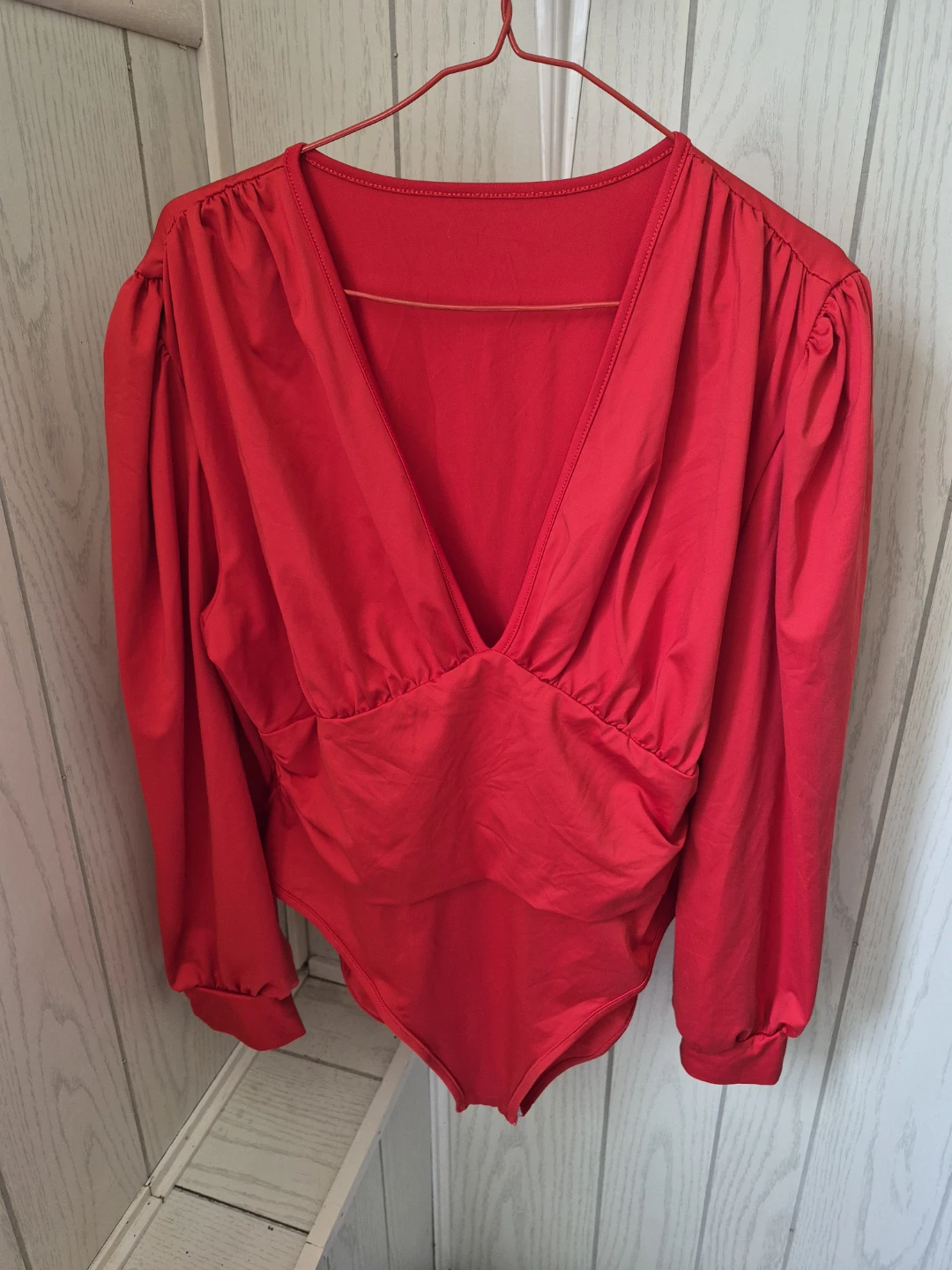 Red Long Sleeve Plunging Neckline Bodysuit