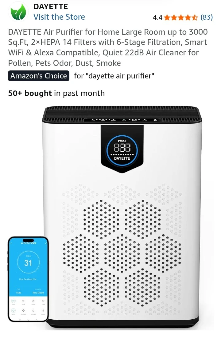 DAYETTE Air Purifier for Large Rooms - 2 HEPA FILTERS included - photo 3