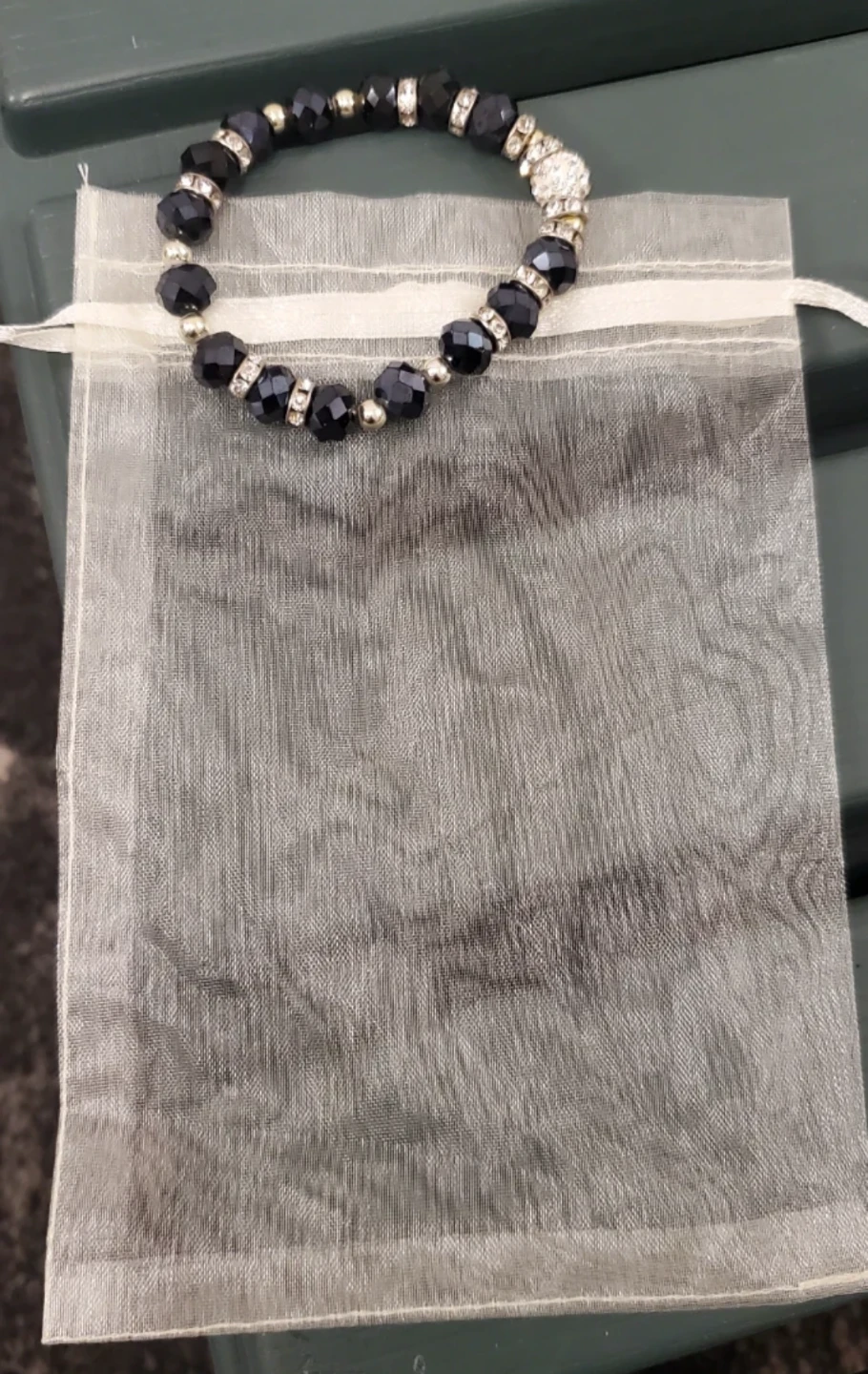 Black Beaded Bracelet with Rhinestones with keepsake bag