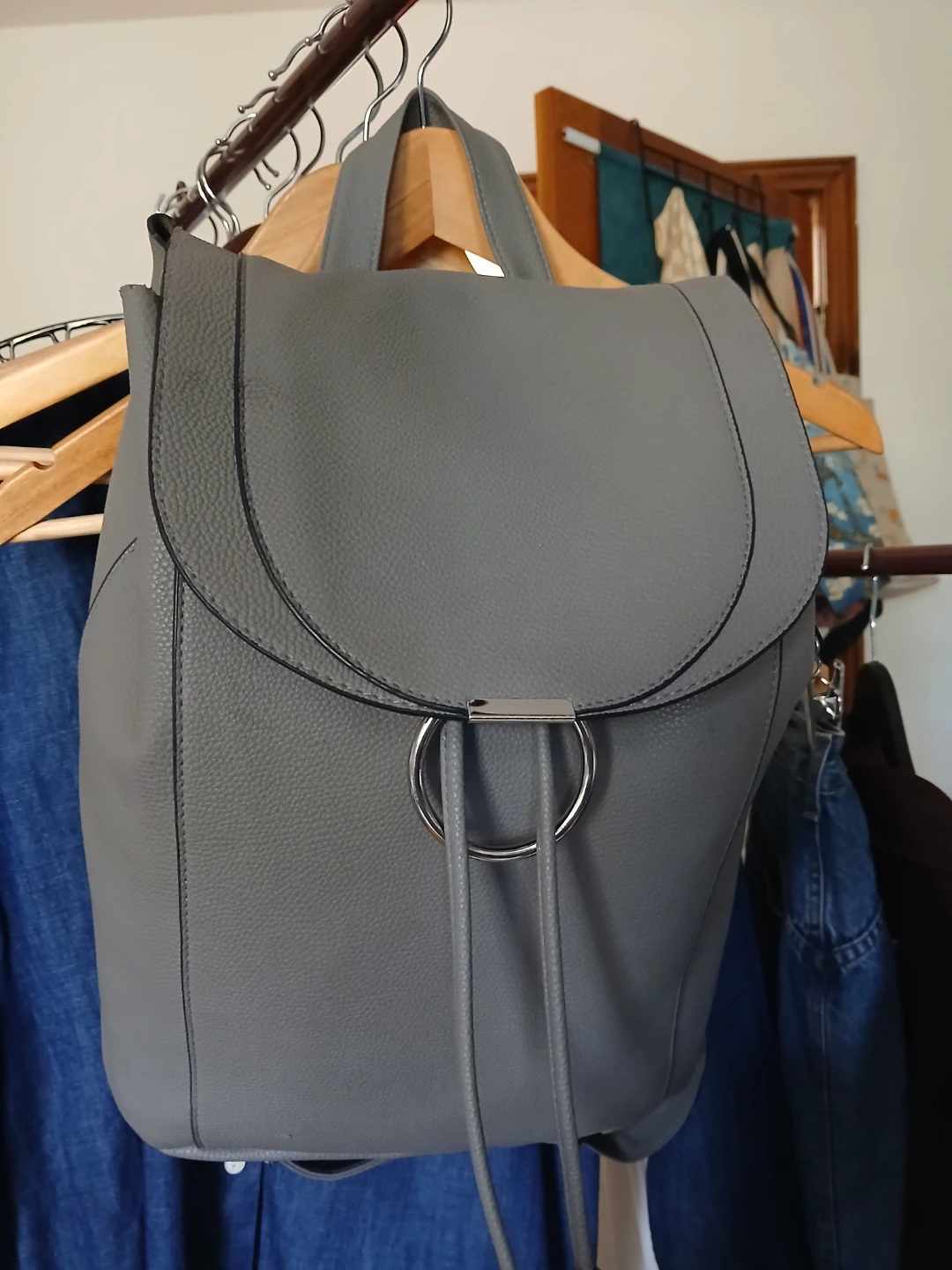 Grey Faux Leather Backpack
