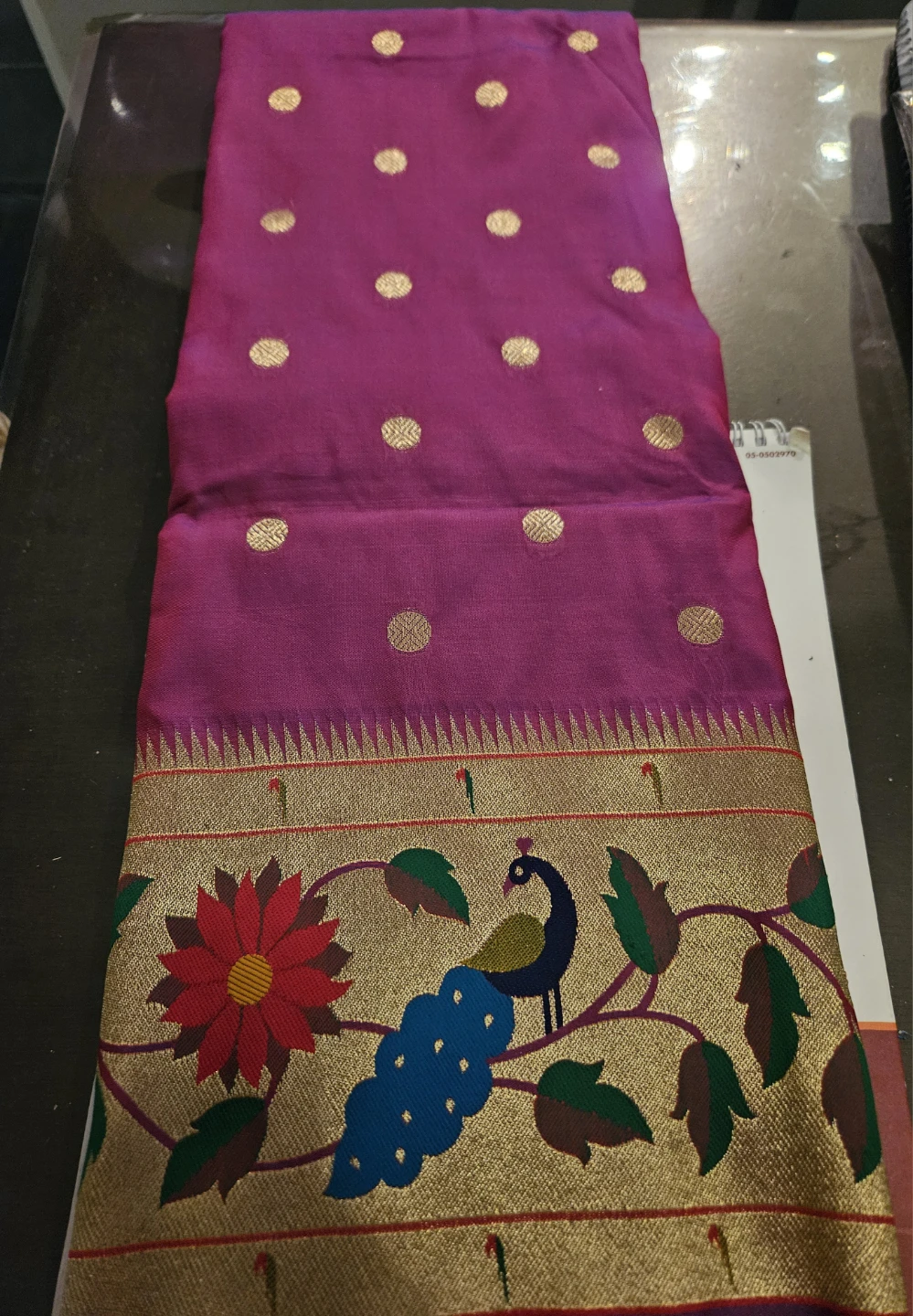 Silkeno Saree - Pink with Gold Peacock Design.