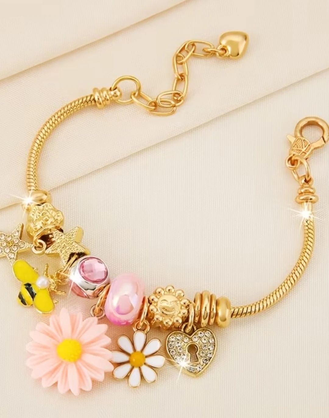Gold Charm Bracelet with Bee, Flowers, Sun, and Heart Lock