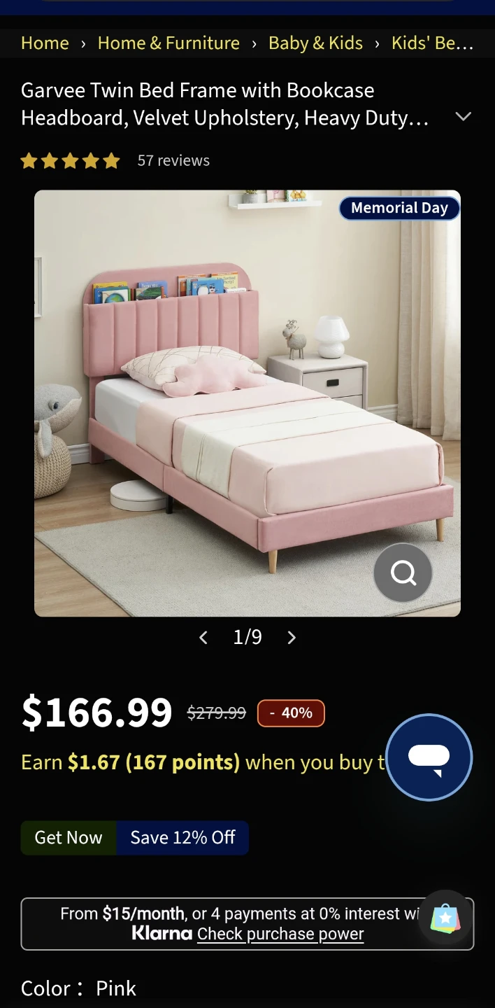 Garvee Twin Bed Frame with Bookcase Headboard - Pink Velvet