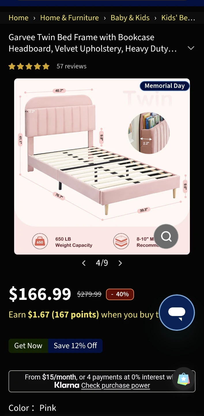 Garvee Twin Bed Frame with Bookcase Headboard - Pink Velvet - photo 2