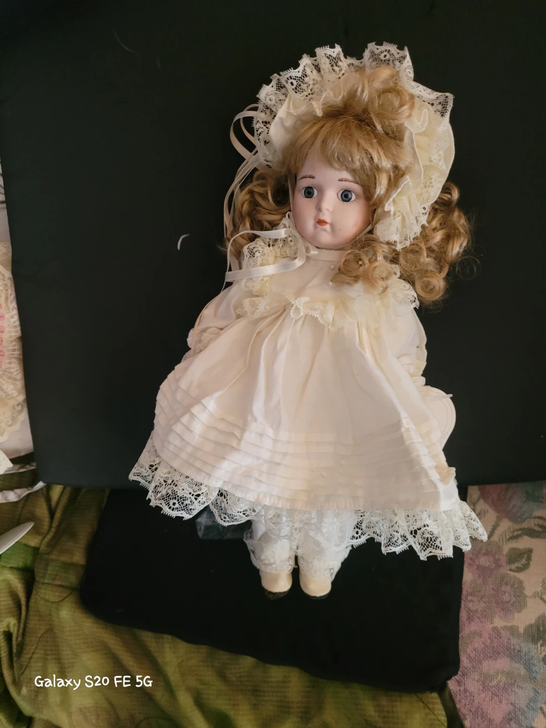Vintage Porcelain Doll with Lace Dress and Bonnet
