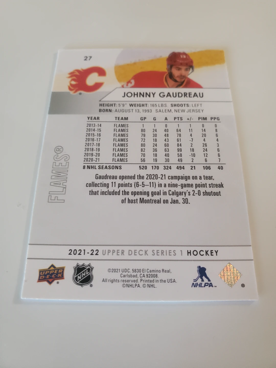 Johnny Gaudreau 2021-22 Upper Deck Series 1 Hockey Card - photo 2