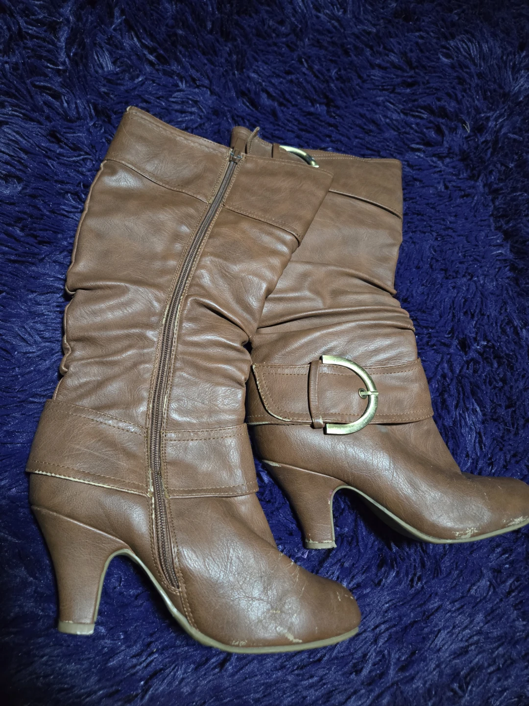 Brown Faux Leather Buckle Heeled Boots