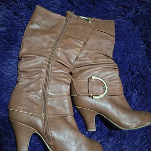 Brown Faux Leather Buckle Heeled Boots