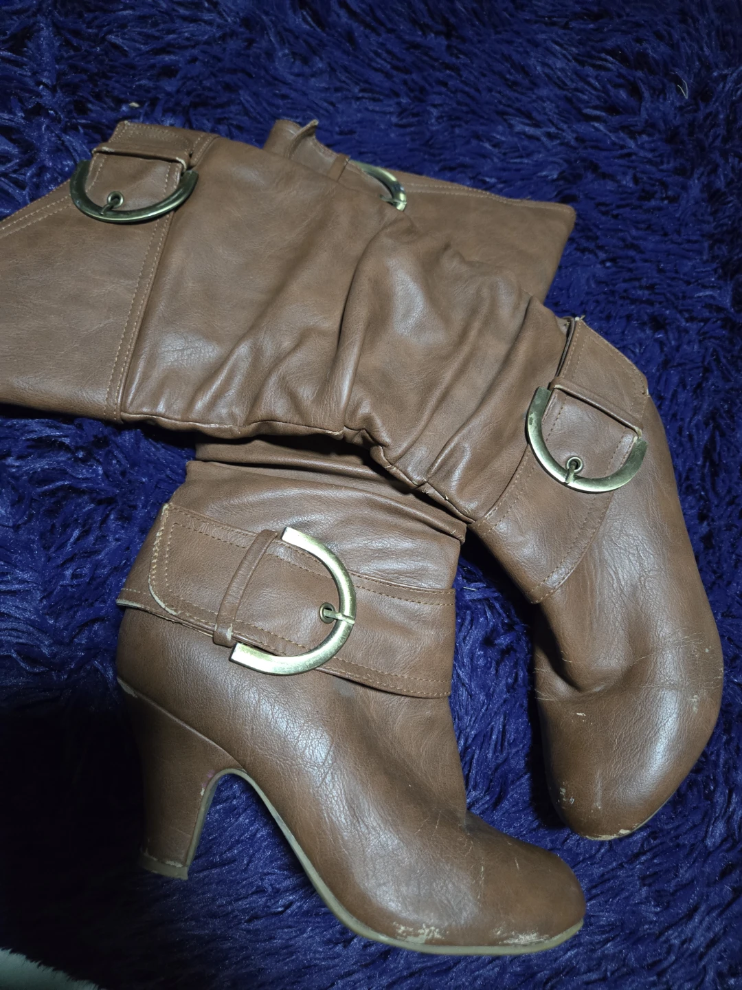 Brown Faux Leather Buckle Heeled Boots - photo 2