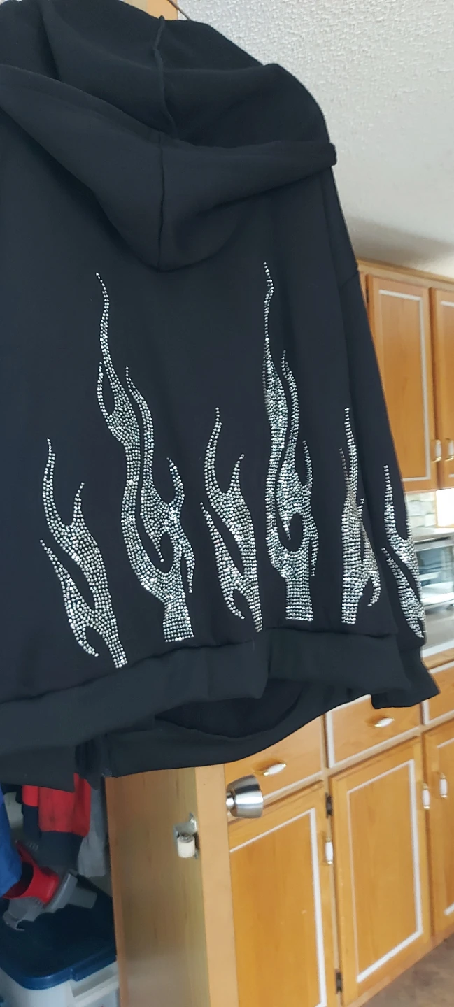 Black Full Zip Hoodie with Rhinestone Flames - photo 4