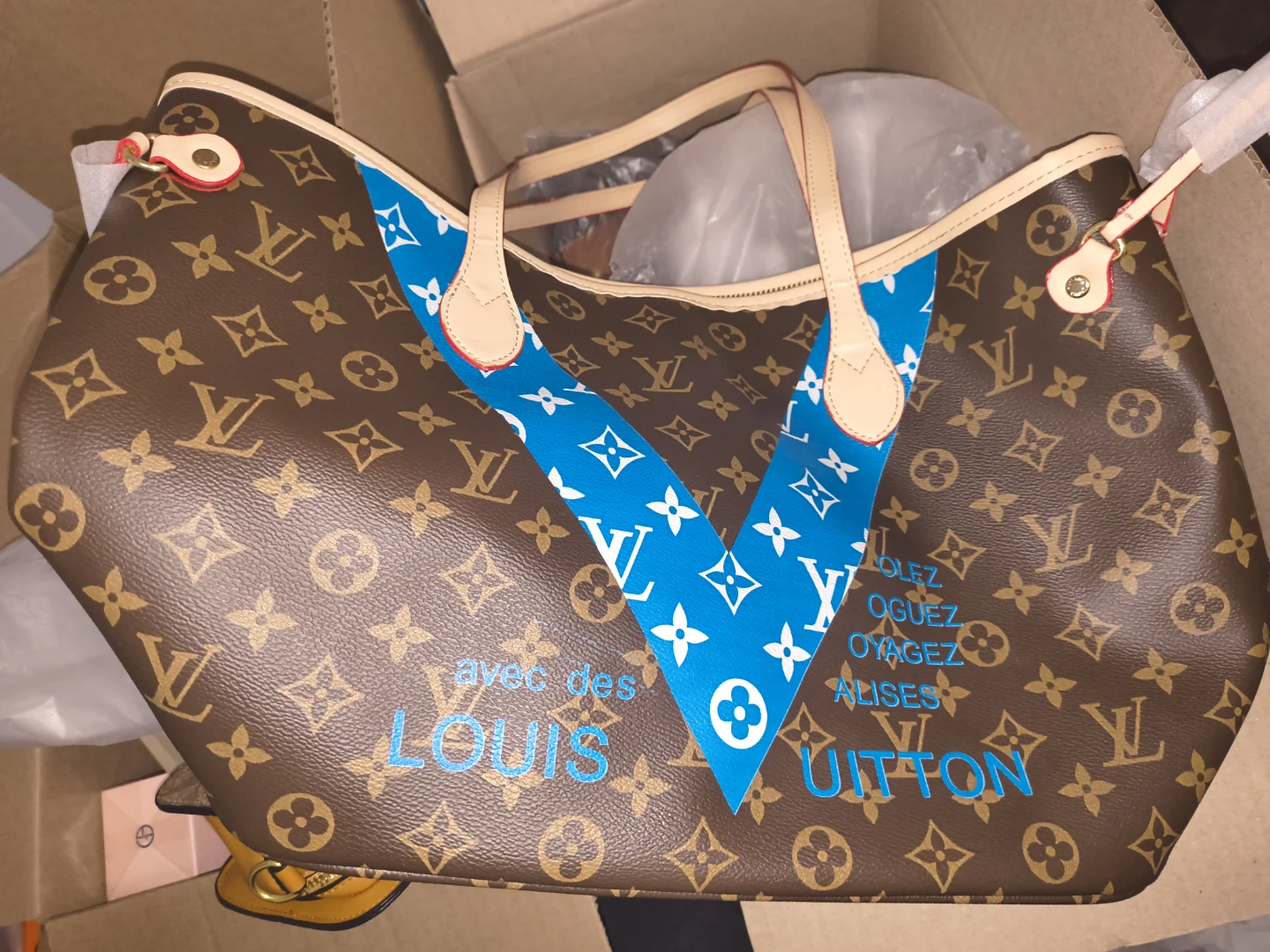 Louis Vuitton Monogram Tote Bag with Blue Ribbon Accent