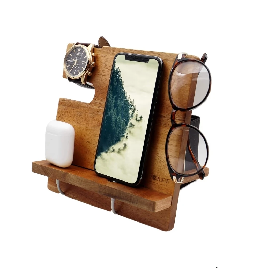 Acacia Wood Phone Docking Station Nightstand Organizer