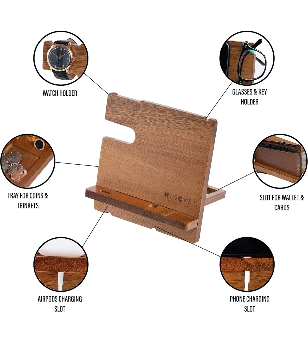 Acacia Wood Phone Docking Station Nightstand Organizer - photo 2