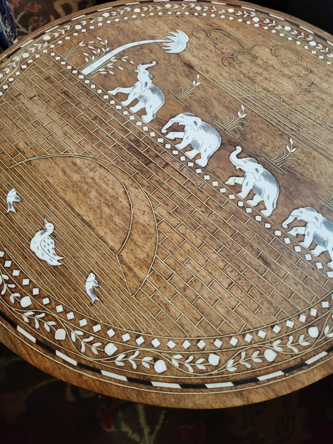Carved Wood Side Table with Elephant Scene - photo 2