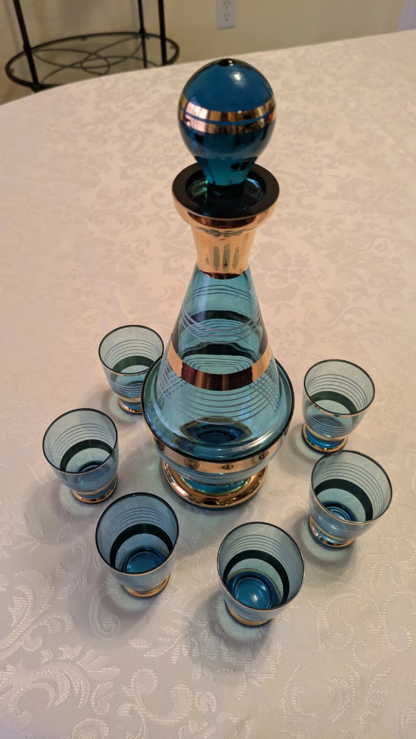 Vintage Teal Glass Decanter and 6 Shot Glasses with Gold Bands