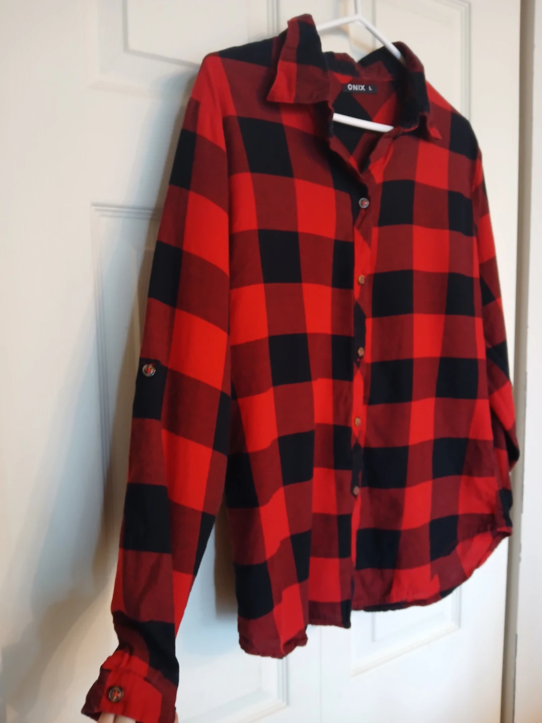 Plaid red and black button up long sleeve top size large L - photo 4