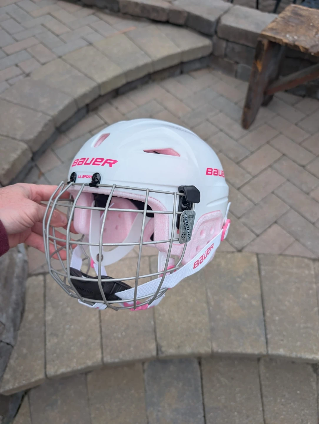 Bauer Lil' Sport Hockey Helmet & Cage Combo, Youth, White & Pink