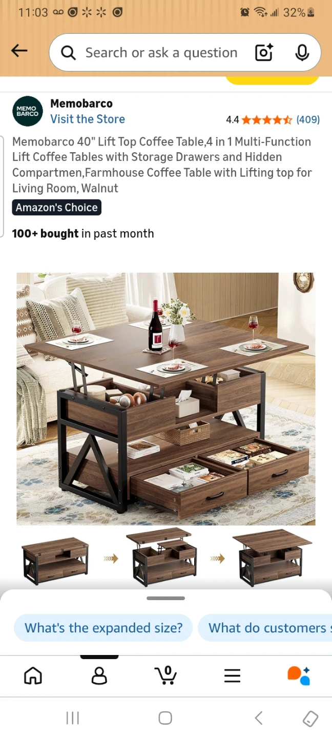 Memobarco 40" Lift Top Coffee Table with Storage - Walnut