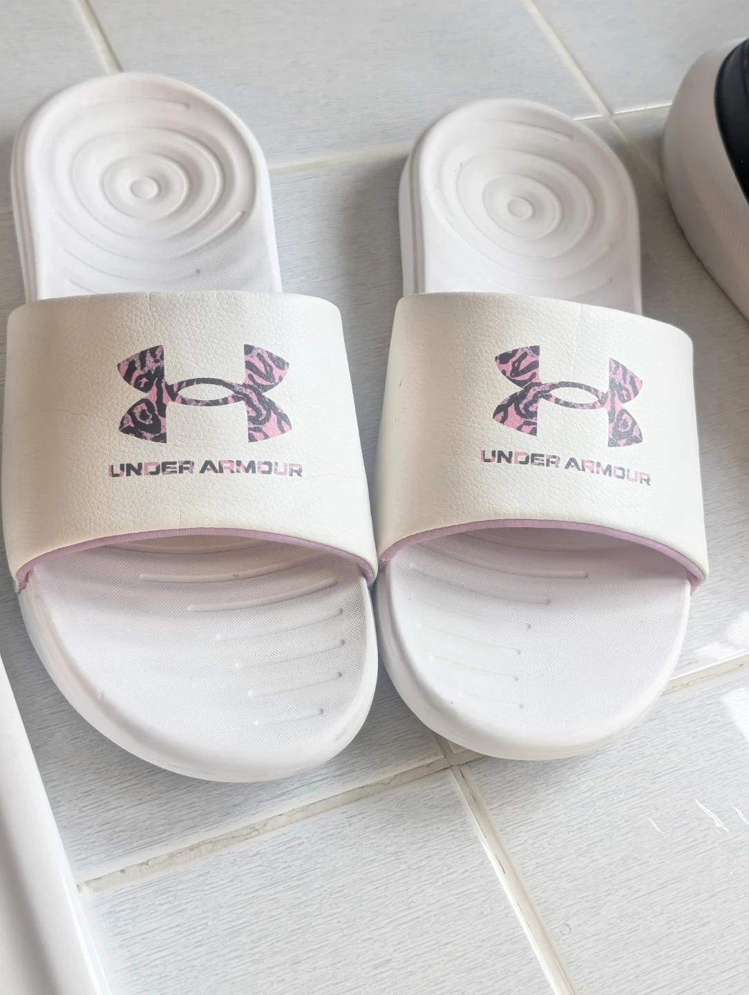 Under Armour White Slides with Pink Animal Print Logo