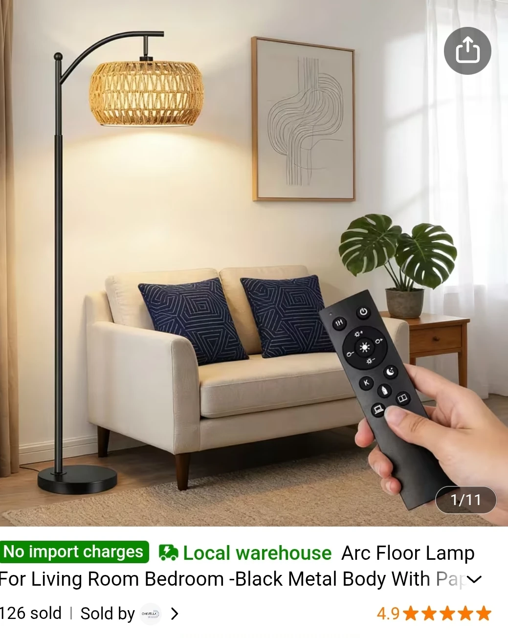 Arc Floor Lamp - Black Metal Body with Rattan Shade - photo 2