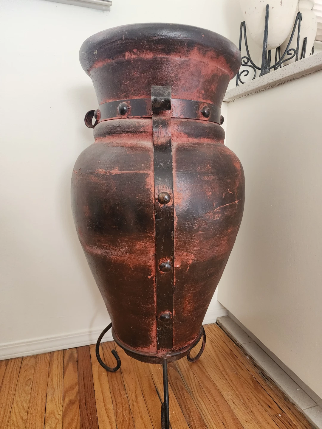 Authentic Mexican Amphora Urn with Wrought-iron Cage and Base