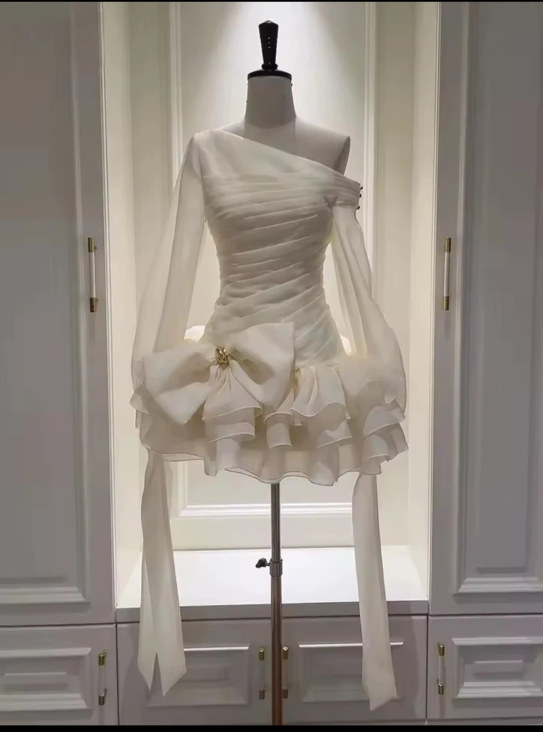 White Off-the-Shoulder Ruffle Dress with Bow