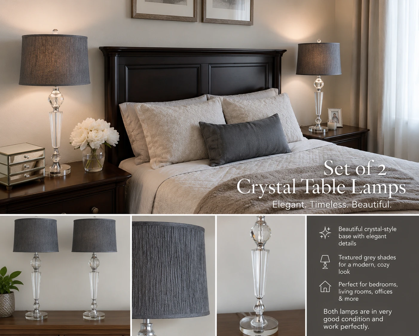 Set of 2 Crystal Table Lamps - Grey