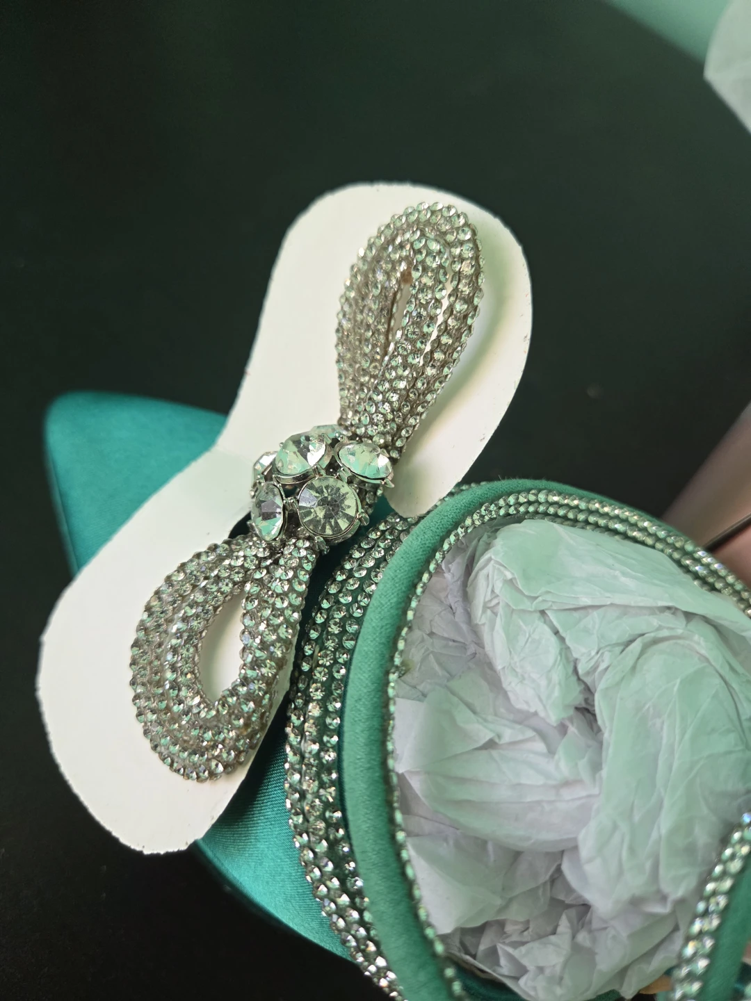 Berness Emerald Green Satin Crystal Bow Platform Heels - photo 5