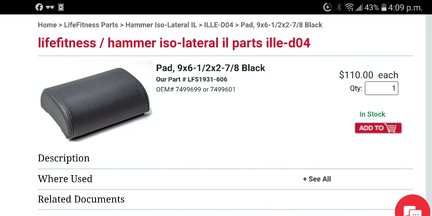 LifeFitness Hammer Iso-Lateral Pad 9x6 1/2x2 7/8 Black