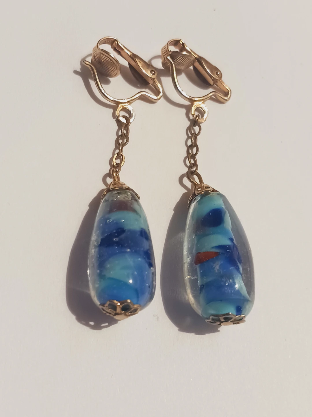 Vintage Blue Glass Teardrop Dangle Clip-On Earrings - photo 4