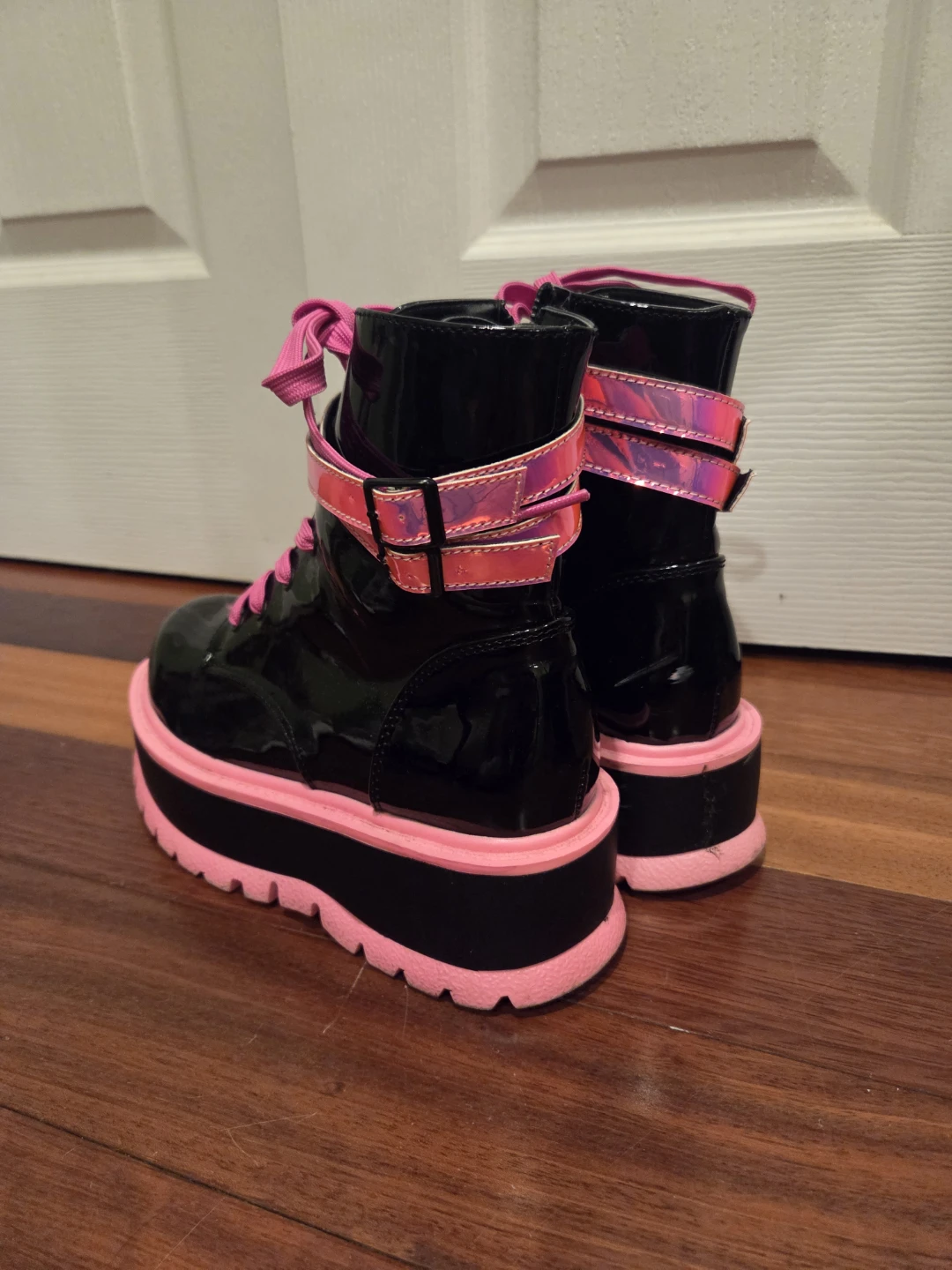 Black Platform Combat Boots with Pink Laces - photo 2