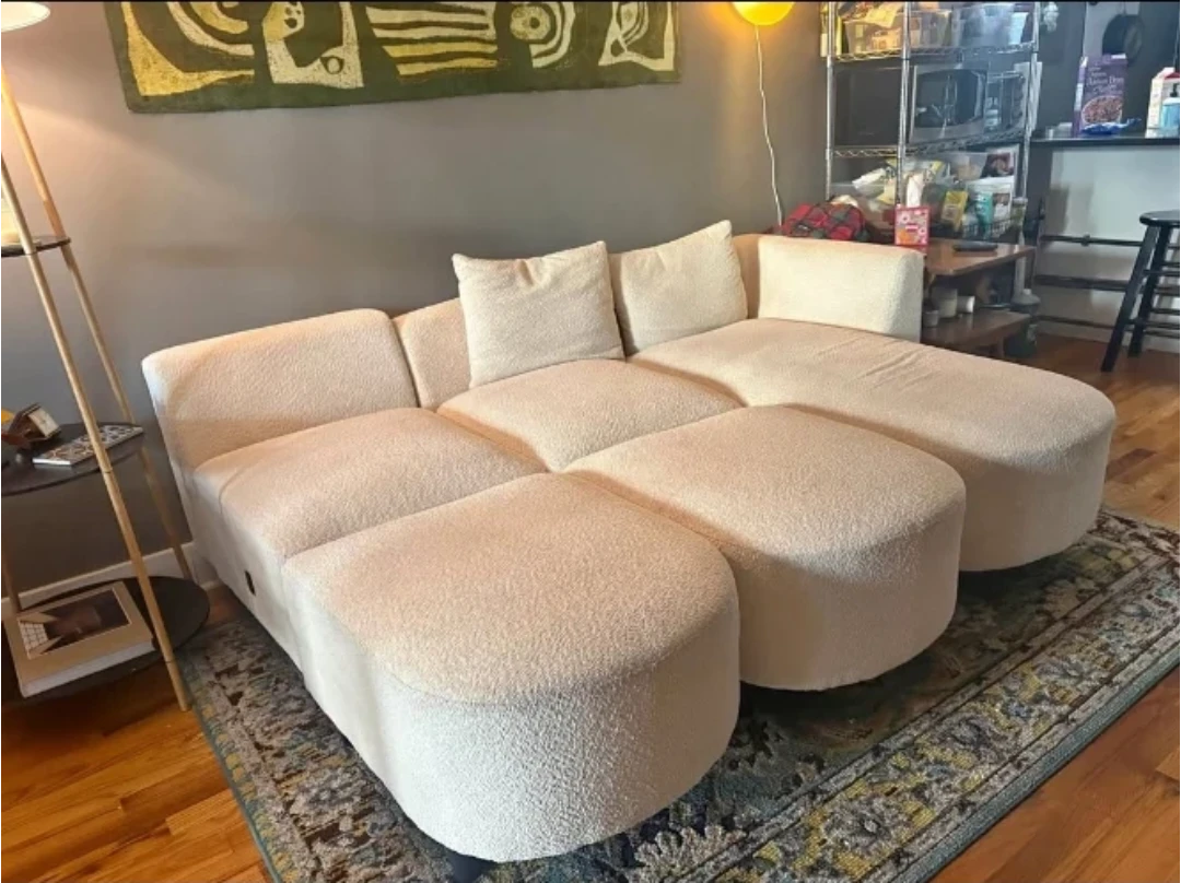 Cream Boucle Sectional Sofa with Ottomans - photo 2