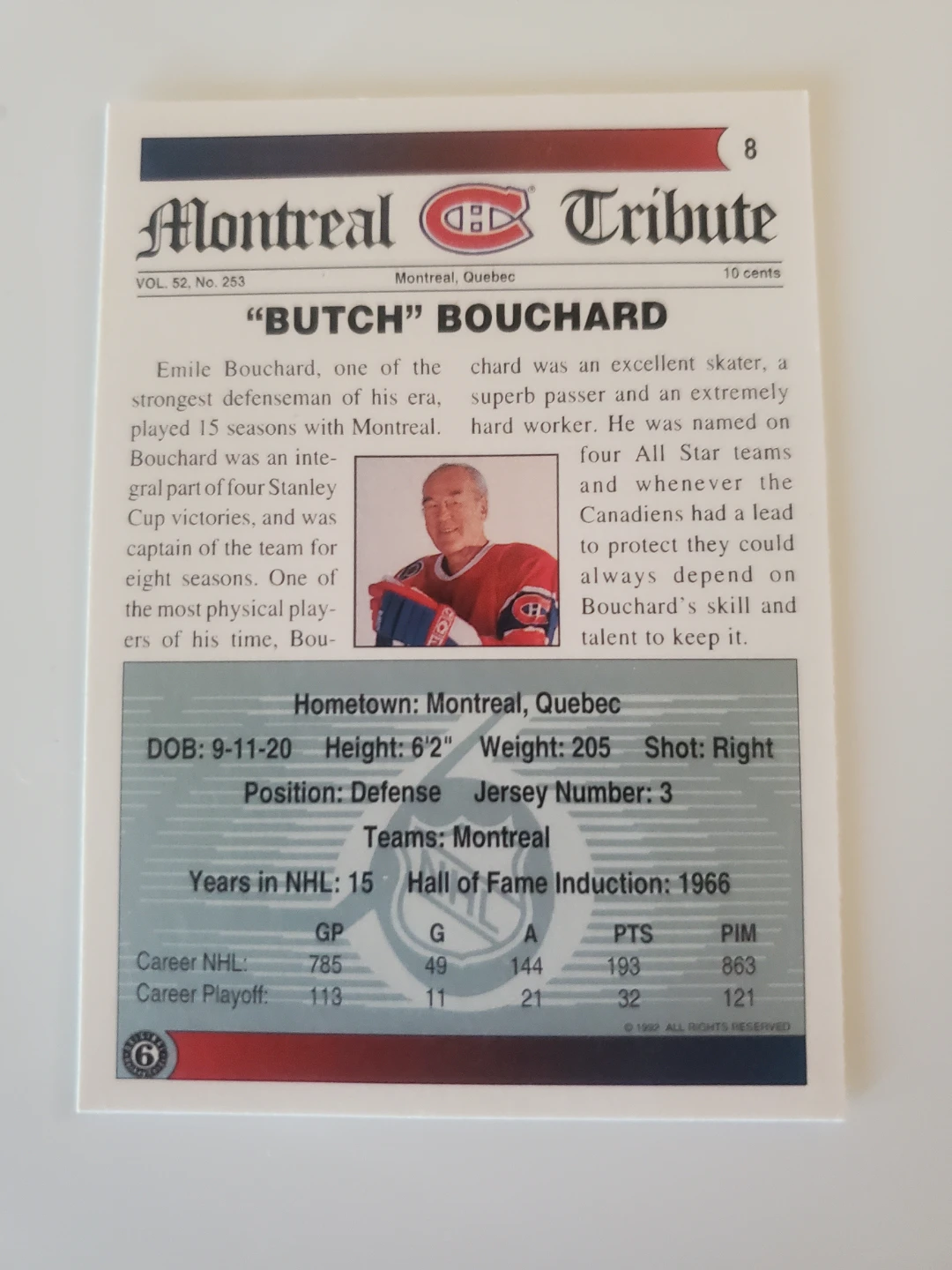 Emile "Butch" Bouchard Montreal Canadiens Hockey Card - photo 2