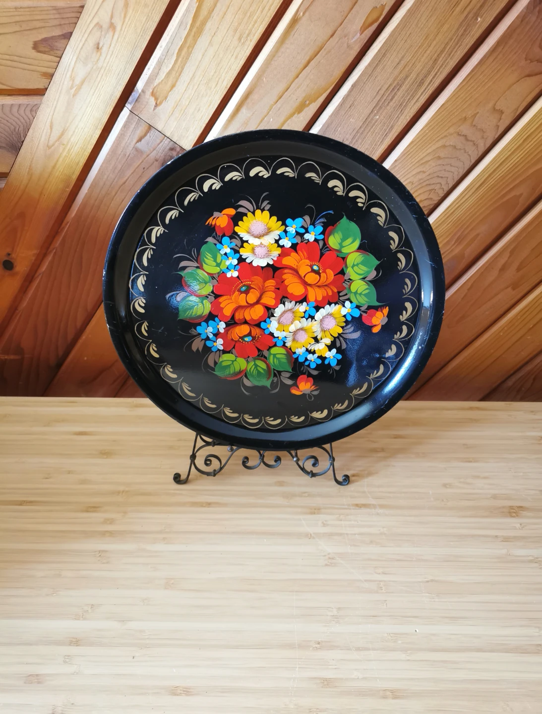 Vintage Hand Painted Floral Metal Tray Round Black Folk Art - photo 2