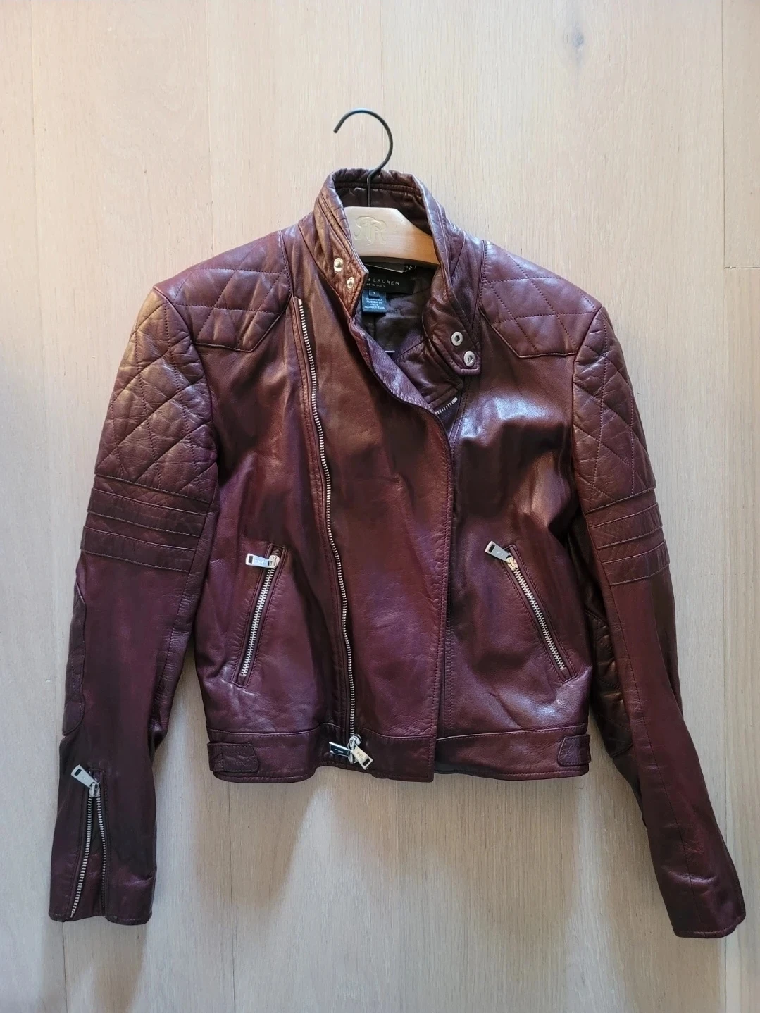Ralph Lauren Burgundy Leather Quilted Moto Jacket Size 2