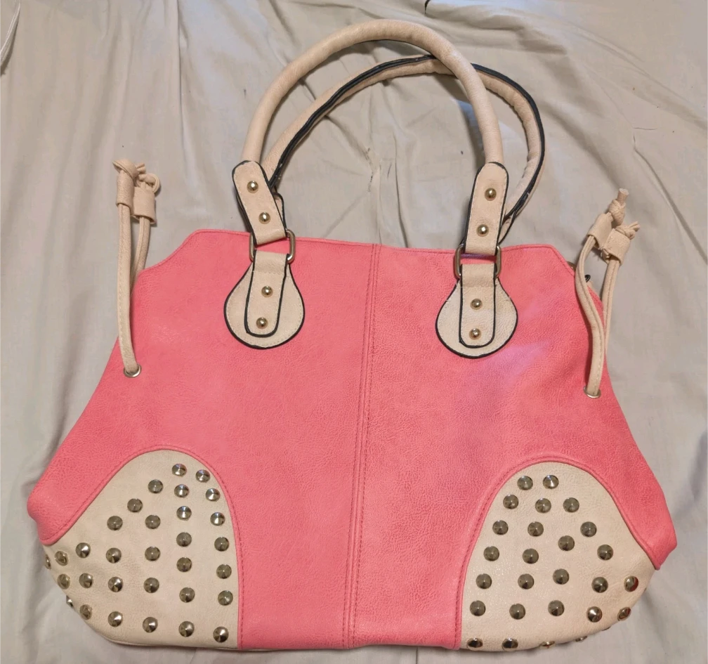 Pink and beige studded tote handbag