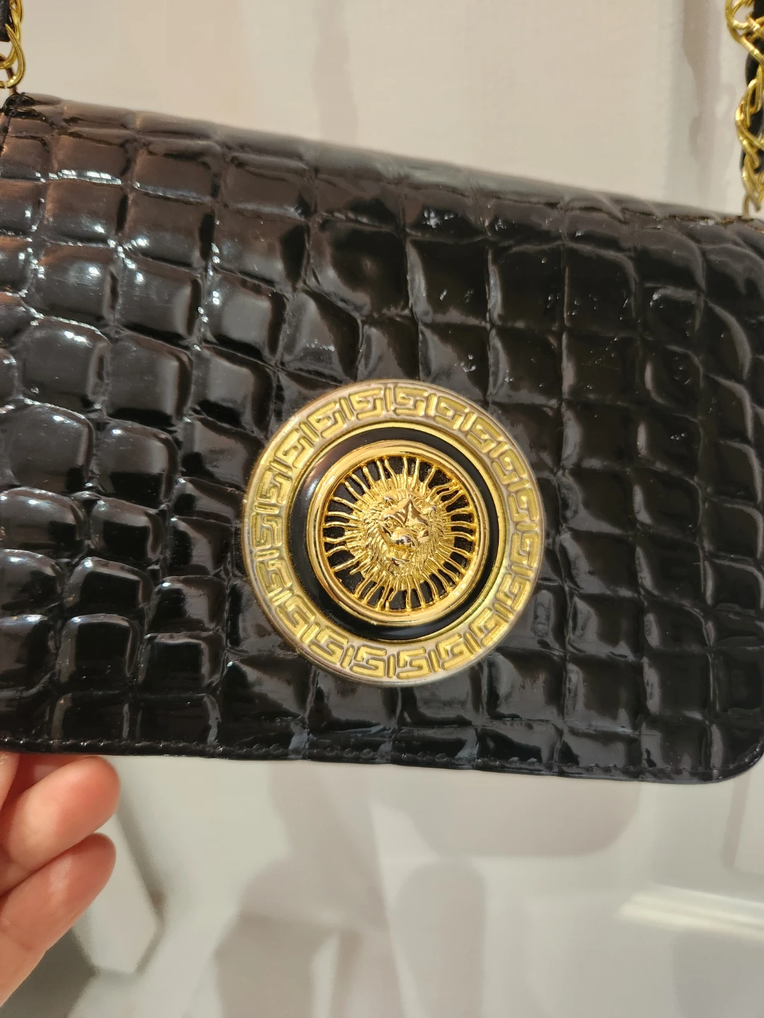 Black Faux Croc Shoulder Bag with Gold Chain