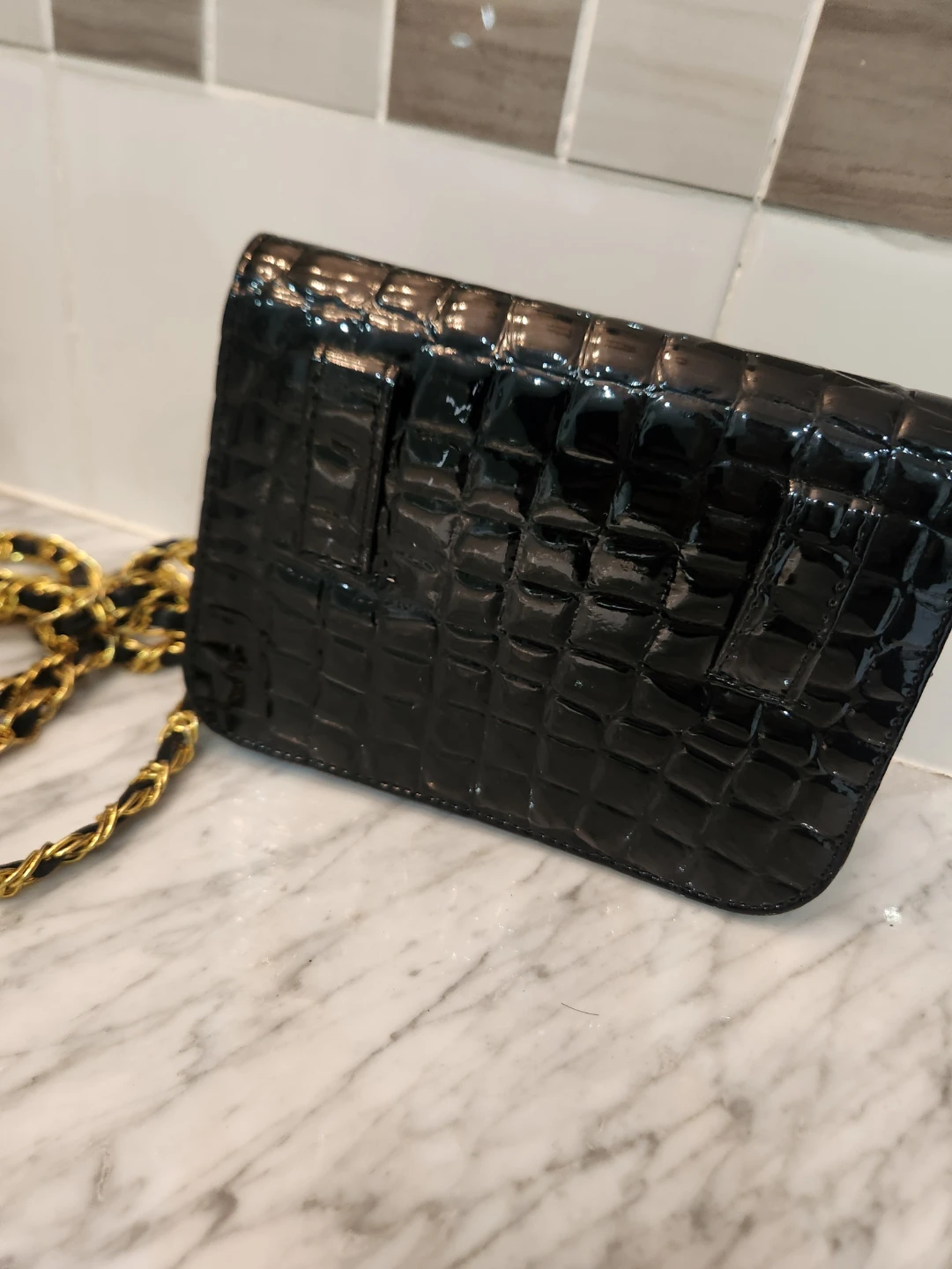 Black Faux Croc Shoulder Bag with Gold Chain - photo 3