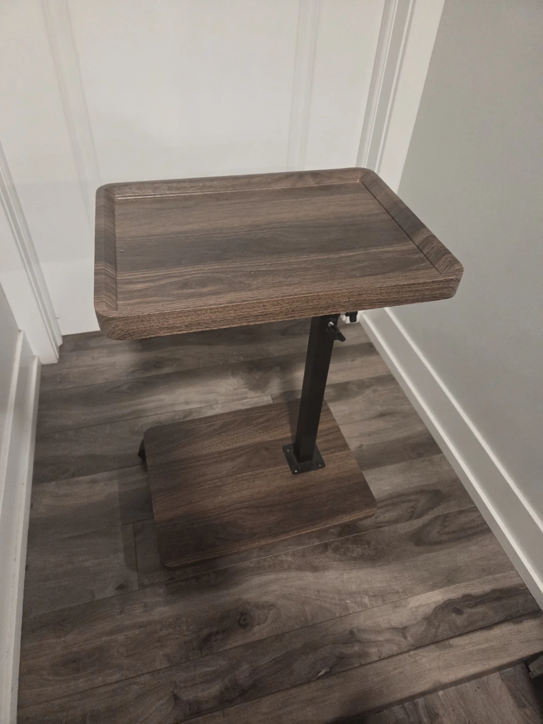 Adjustable Height Walnut Brown Table with Swivel Tray, on wheels