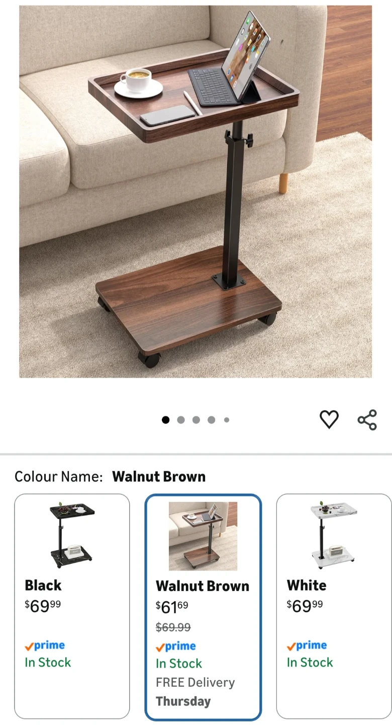 Adjustable Height Walnut Brown Table with Swivel Tray, on wheels - photo 3
