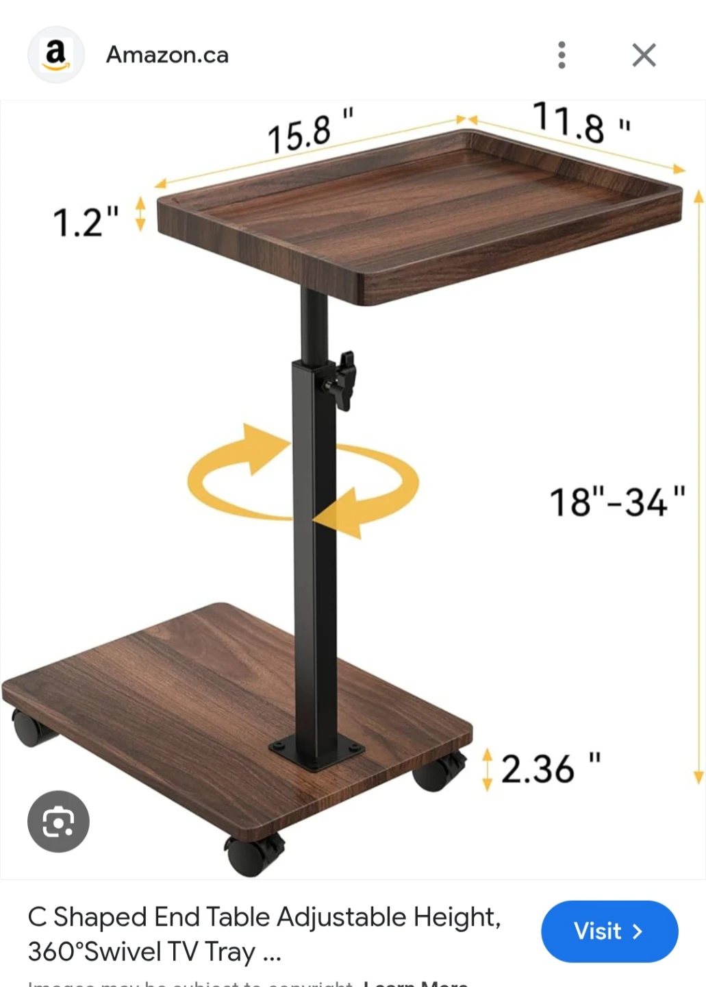 Adjustable Height Walnut Brown Table with Swivel Tray, on wheels - photo 4